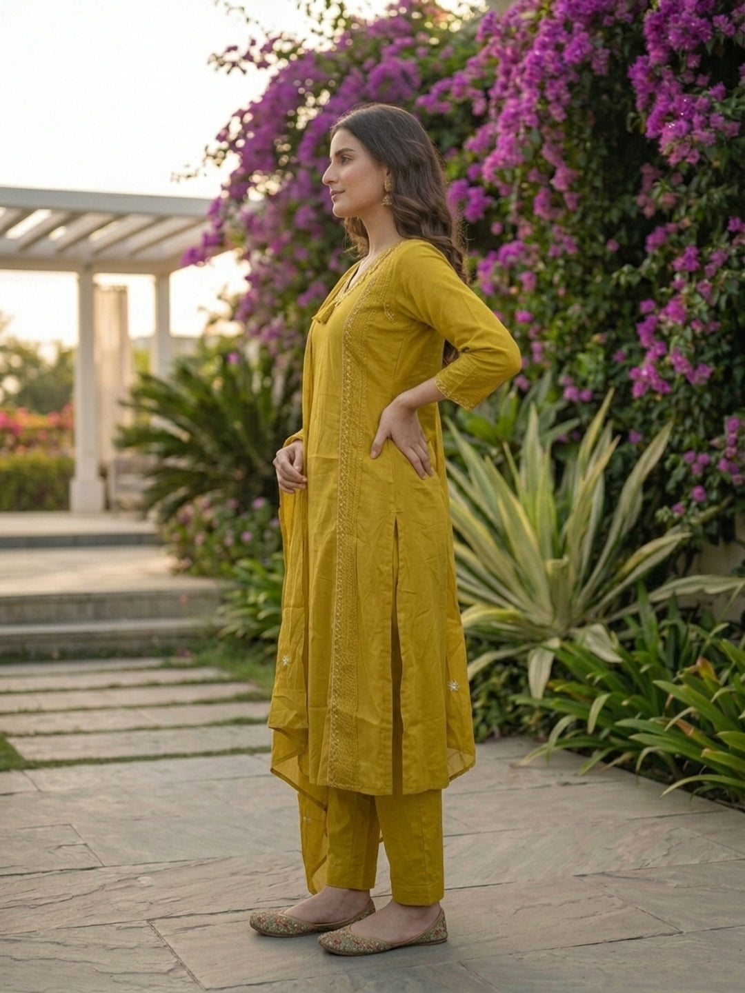 Solid Floral Embroidered A-Line Kurta with Pant and Dupatta - Green