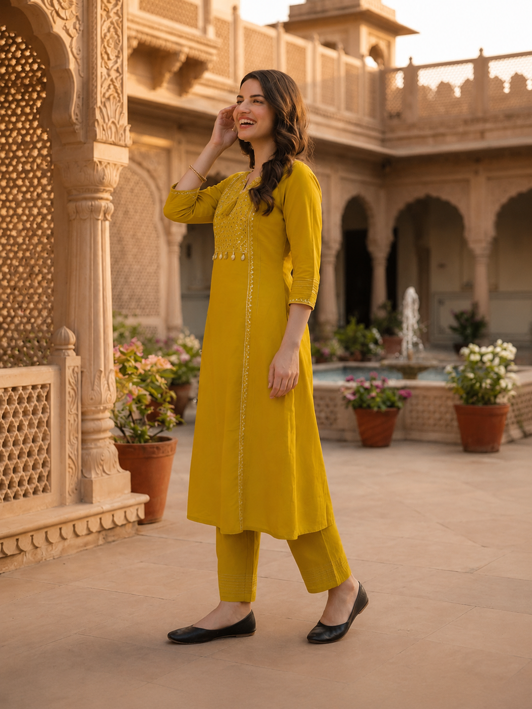 Solid Floral Embroidered A-Line Kurta with Pant and Dupatta - Mustard Yellow