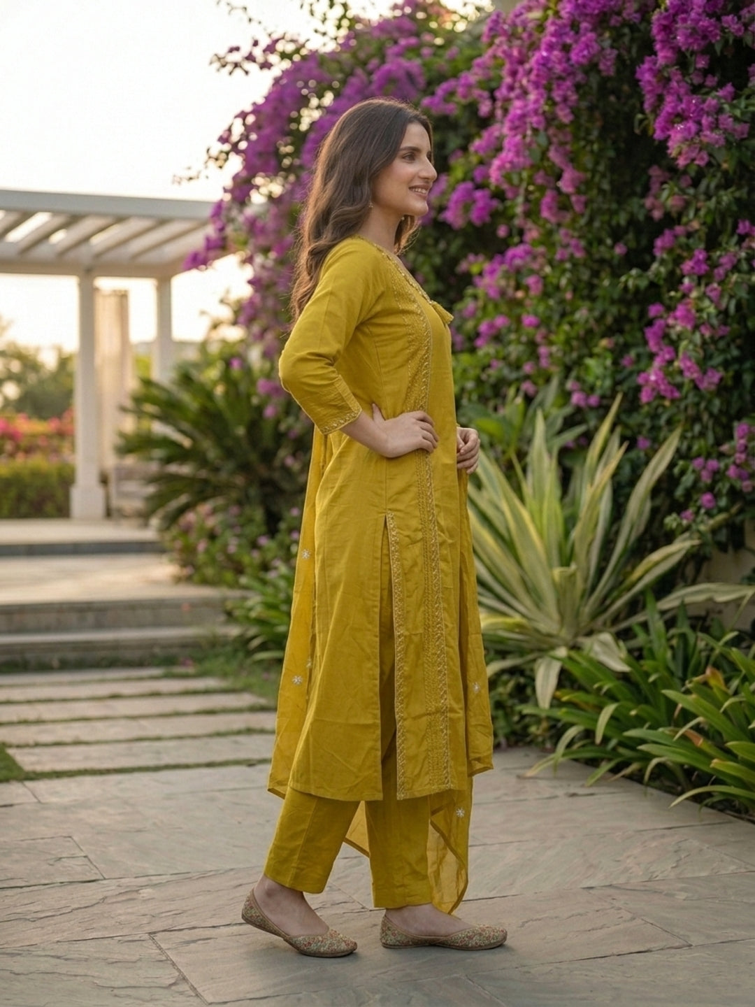Solid Floral Embroidered A-Line Kurta with Pant and Dupatta - Green