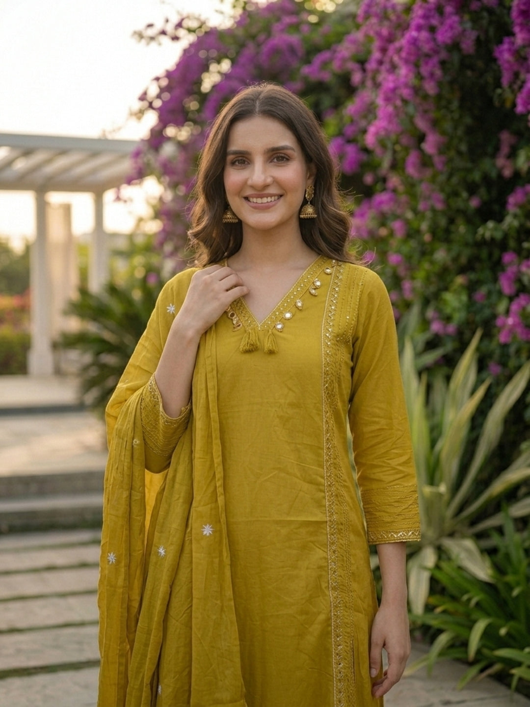Solid Floral Embroidered A-Line Kurta with Pant and Dupatta - Green