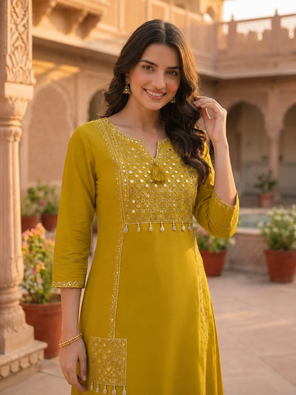 Solid Floral Embroidered A-Line Kurta with Pant and Dupatta - Mustard Yellow