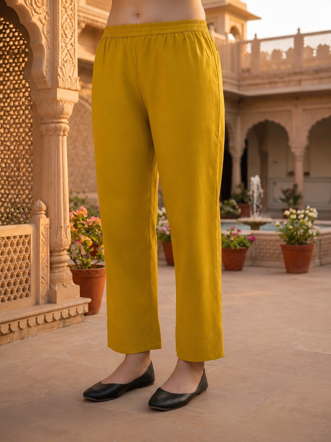 Solid Floral Embroidered A-Line Kurta with Pant and Dupatta - Mustard Yellow