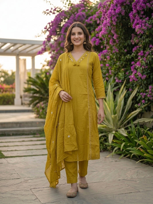 Solid Floral Embroidered A-Line Kurta with Pant and Dupatta - Green