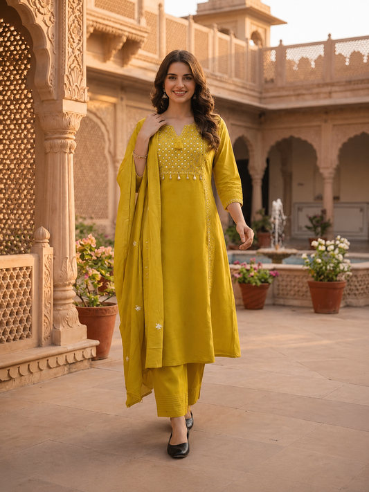 Solid Floral Embroidered A-Line Kurta with Pant and Dupatta - Mustard Yellow