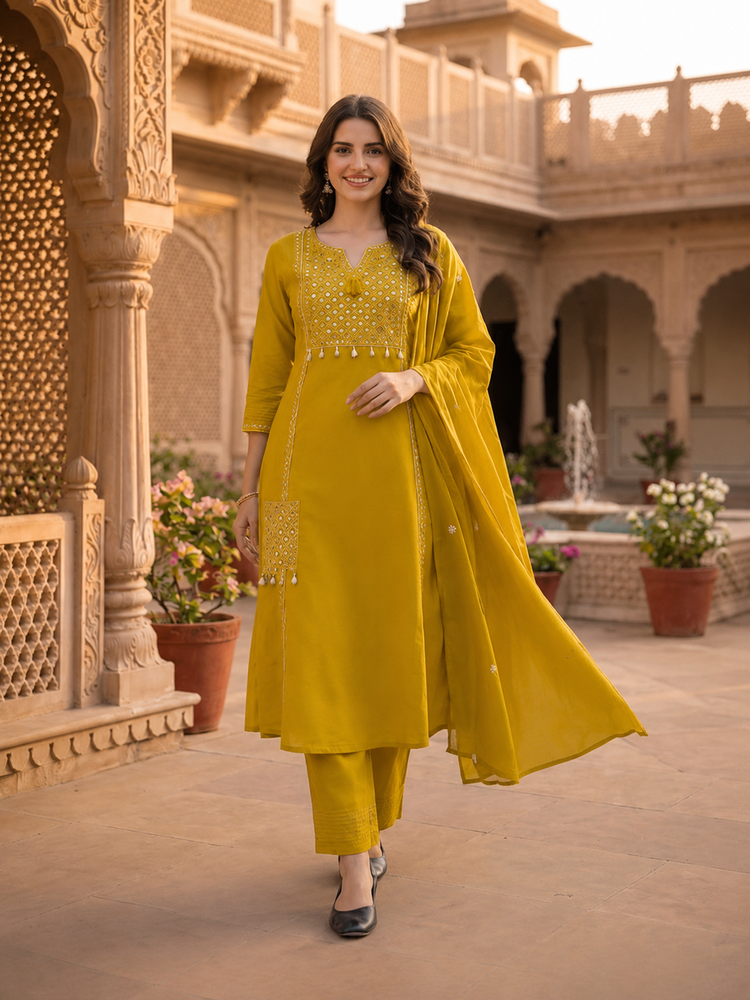 Solid Floral Embroidered A-Line Kurta with Pant and Dupatta - Mustard Yellow