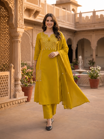 Solid Floral Embroidered A-Line Kurta with Pant and Dupatta - Mustard Yellow