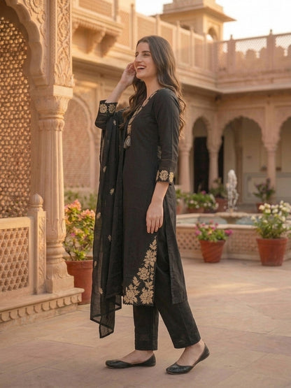 Solid Floral Zari Embroidered Straight Kurta with Palazzo & Dupatta - Black