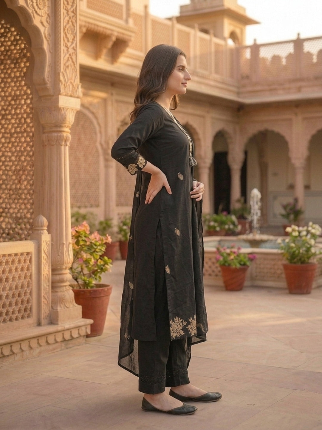Solid Floral Zari Embroidered Straight Kurta with Palazzo & Dupatta - Black