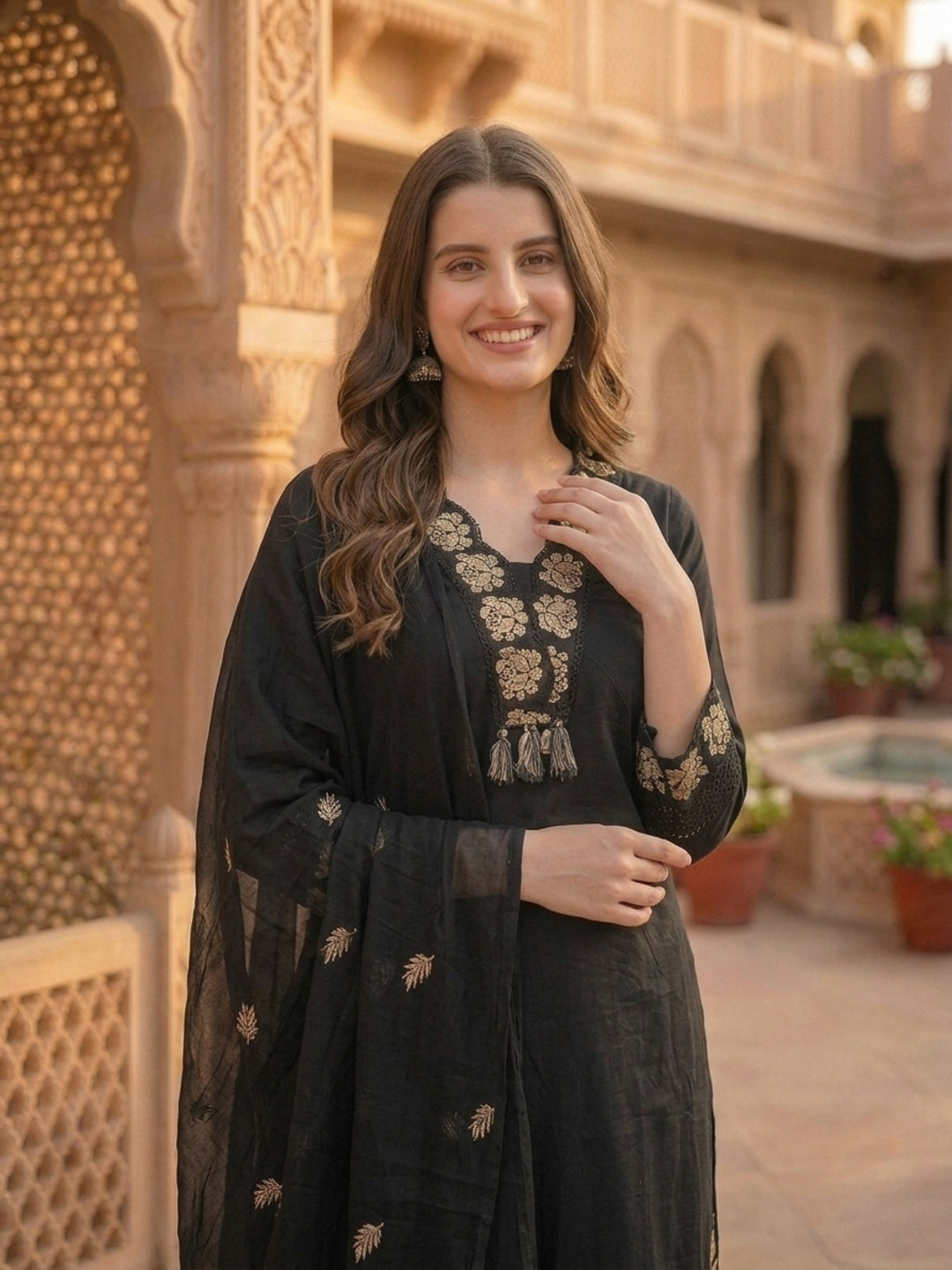 Solid Floral Zari Embroidered Straight Kurta with Palazzo & Dupatta - Black
