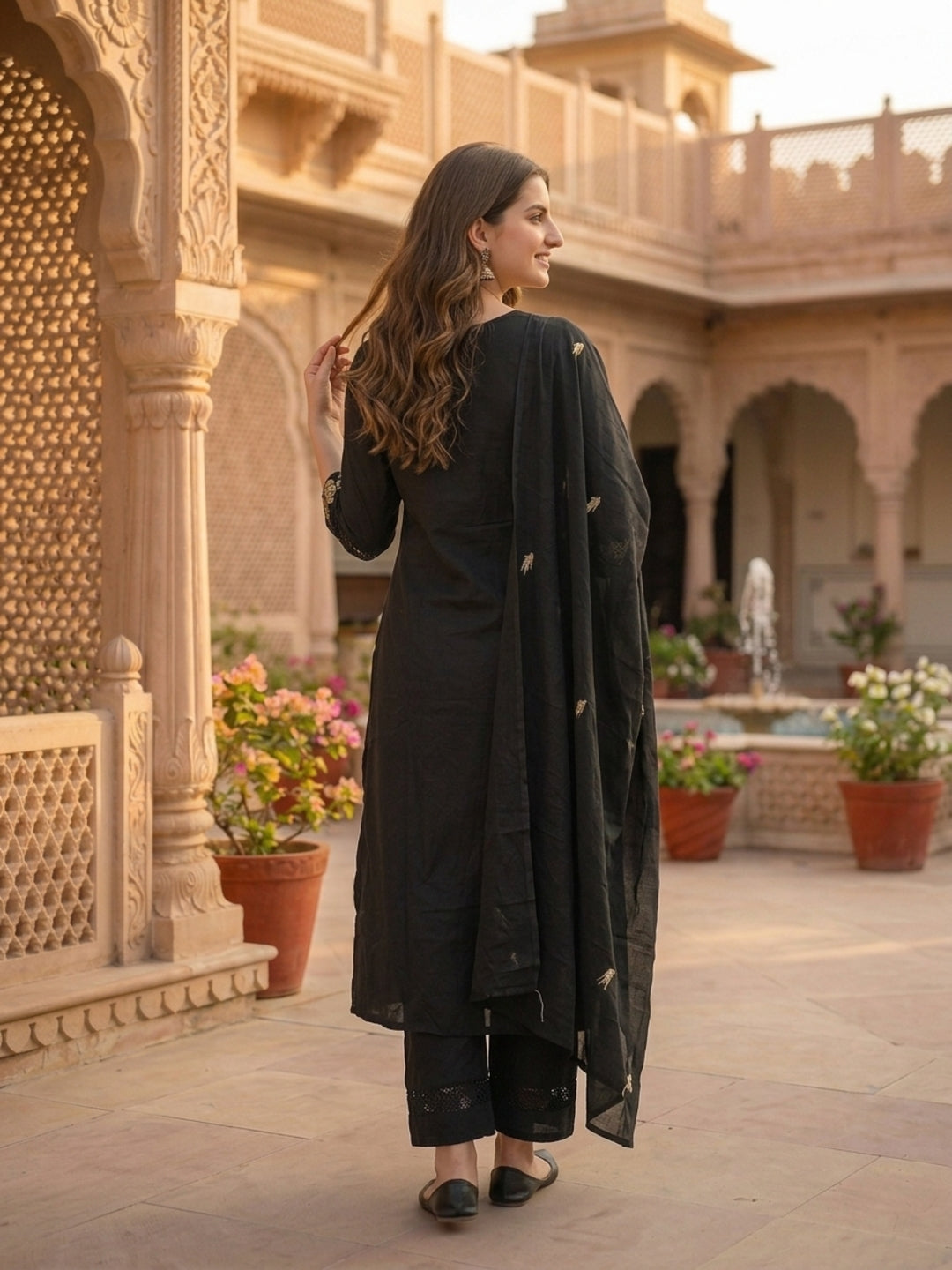 Solid Floral Zari Embroidered Straight Kurta with Palazzo & Dupatta - Black