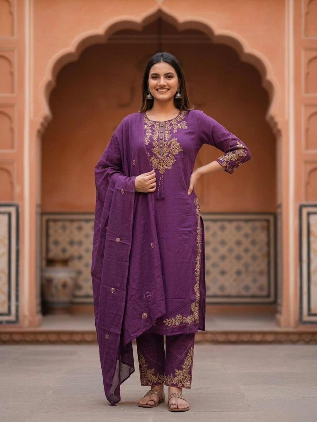 Solid Floral Embroidered Straight Kurta with Pant and Dupatta - Purple