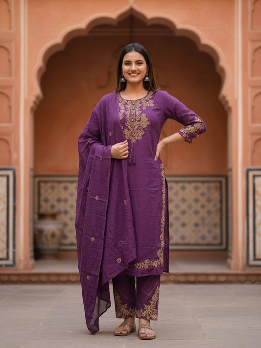 Solid Floral Embroidered Straight Kurta with Pant and Dupatta - Purple