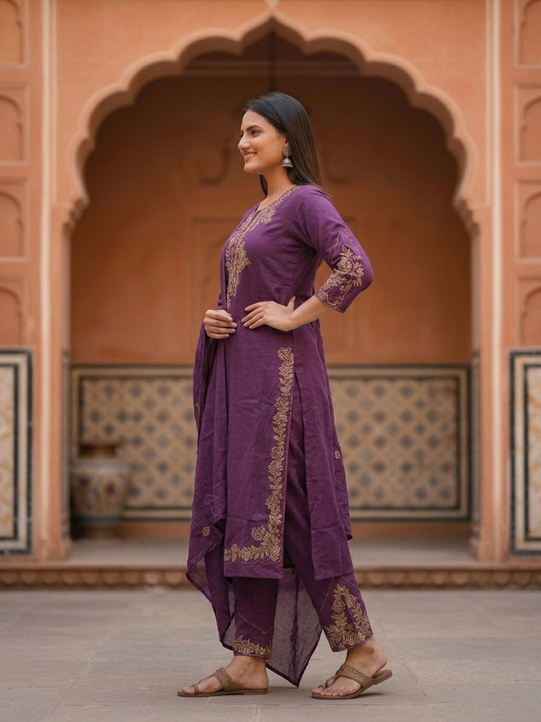Solid Floral Embroidered Straight Kurta with Pant and Dupatta - Purple