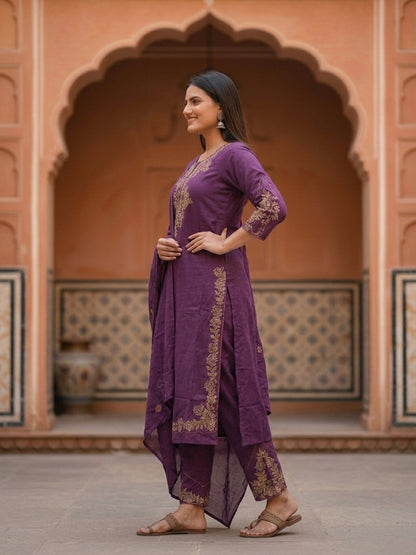 Solid Floral Embroidered Straight Kurta with Pant and Dupatta - Purple