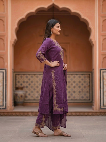 Solid Floral Embroidered Straight Kurta with Pant and Dupatta - Purple