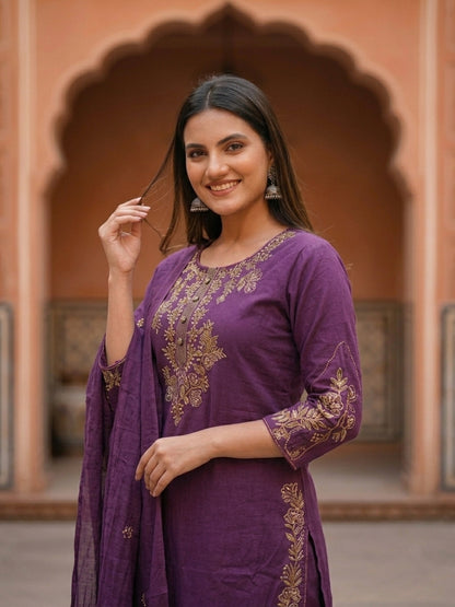 Solid Floral Embroidered Straight Kurta with Pant and Dupatta - Purple