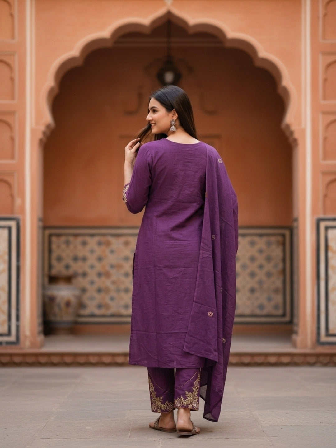 Solid Floral Embroidered Straight Kurta with Pant and Dupatta - Purple