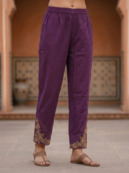 Solid Floral Embroidered Straight Kurta with Pant and Dupatta - Purple