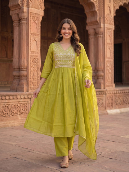 Solid Hand Embroidered A-Line Pleated Kurta with Pant & Dupatta - Lime Green