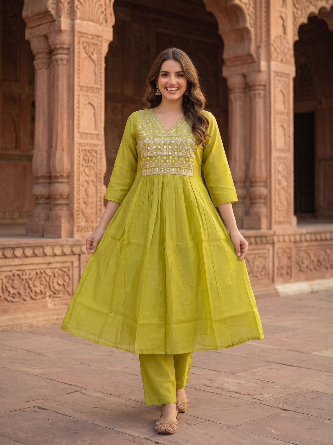 Solid Hand Embroidered A-Line Pleated Kurta with Pant & Dupatta - Lime Green