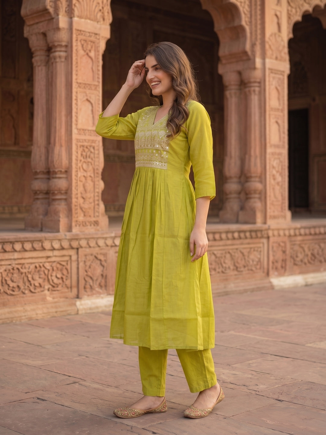 Solid Hand Embroidered A-Line Pleated Kurta with Pant & Dupatta - Lime Green