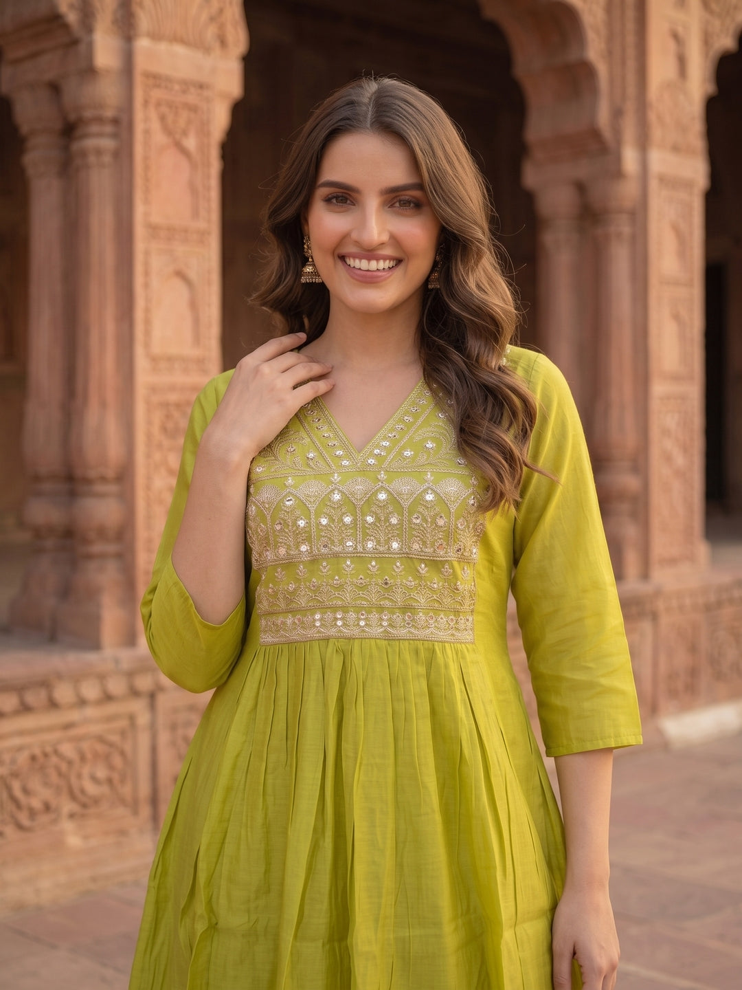 Solid Hand Embroidered A-Line Pleated Kurta with Pant & Dupatta - Lime Green