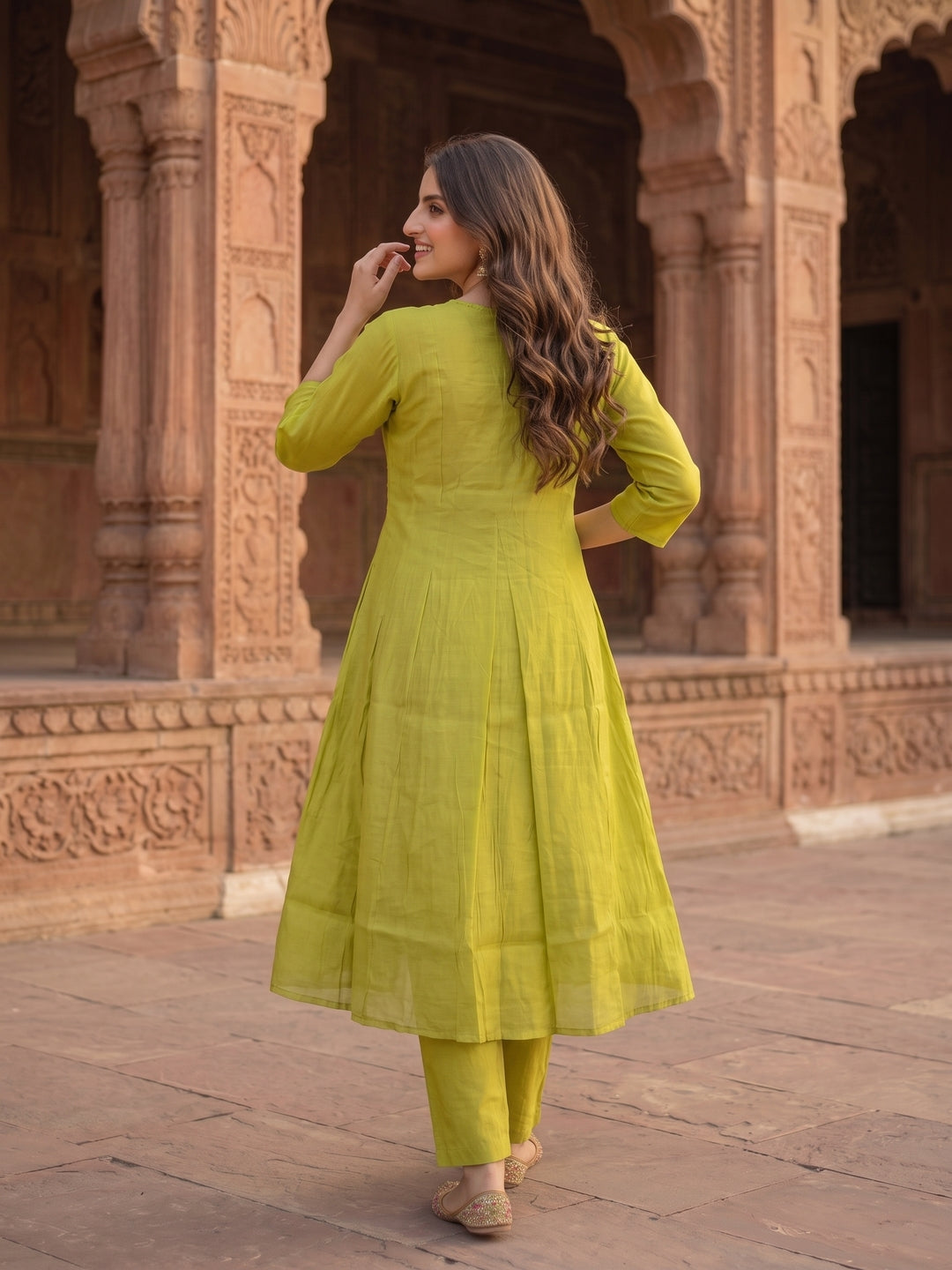 Solid Hand Embroidered A-Line Pleated Kurta with Pant & Dupatta - Lime Green