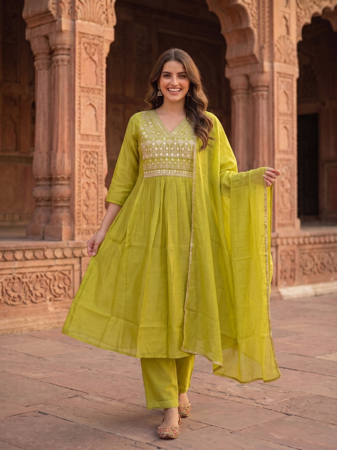 Solid Hand Embroidered A-Line Pleated Kurta with Pant & Dupatta - Lime Green