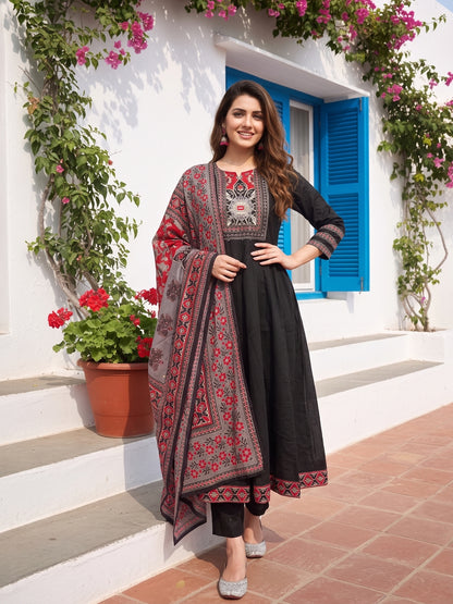 Ethnic Floral Embroidered Anarkali Kurta with Palazzo & Dupatta - Black