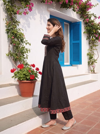 Ethnic Floral Embroidered Anarkali Kurta with Palazzo & Dupatta - Black