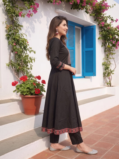 Ethnic Floral Embroidered Anarkali Kurta with Palazzo & Dupatta - Black
