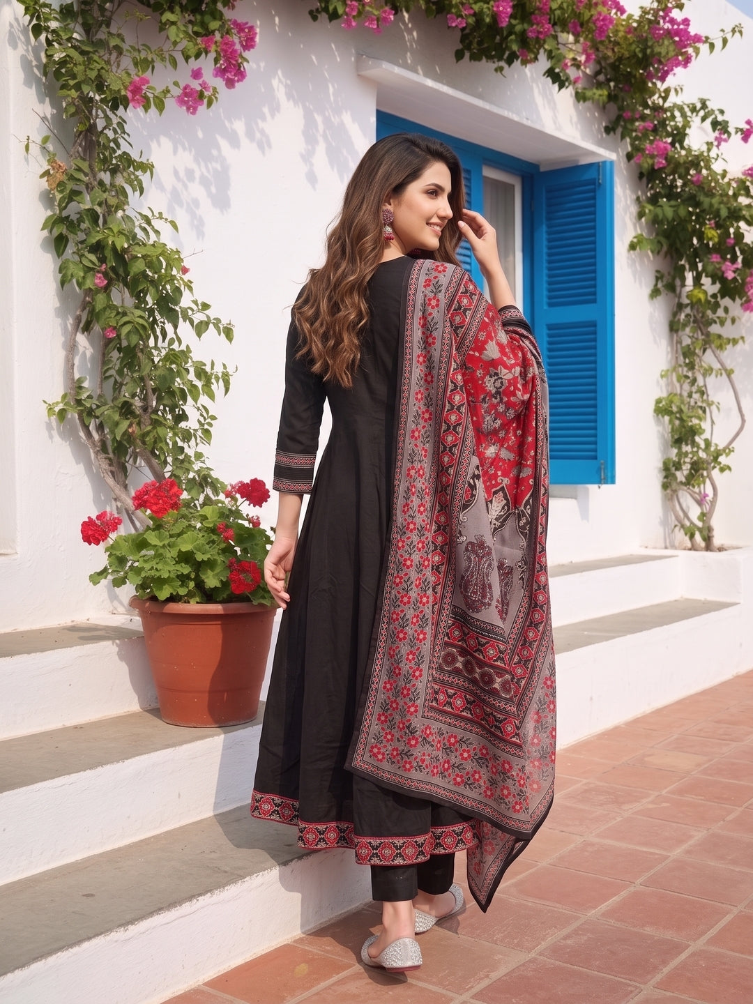 Ethnic Floral Embroidered Anarkali Kurta with Palazzo & Dupatta - Black