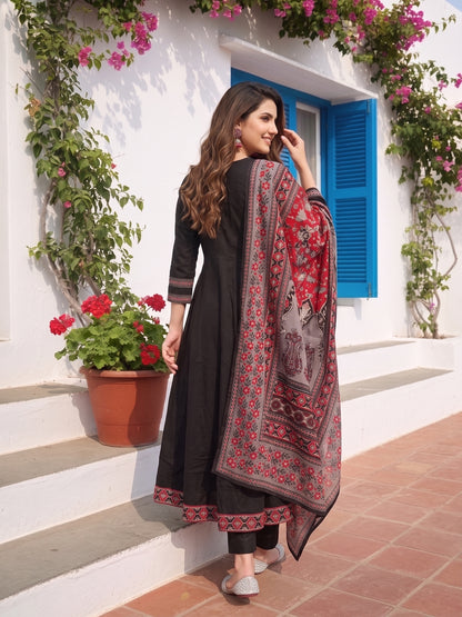 Ethnic Floral Embroidered Anarkali Kurta with Palazzo & Dupatta - Black