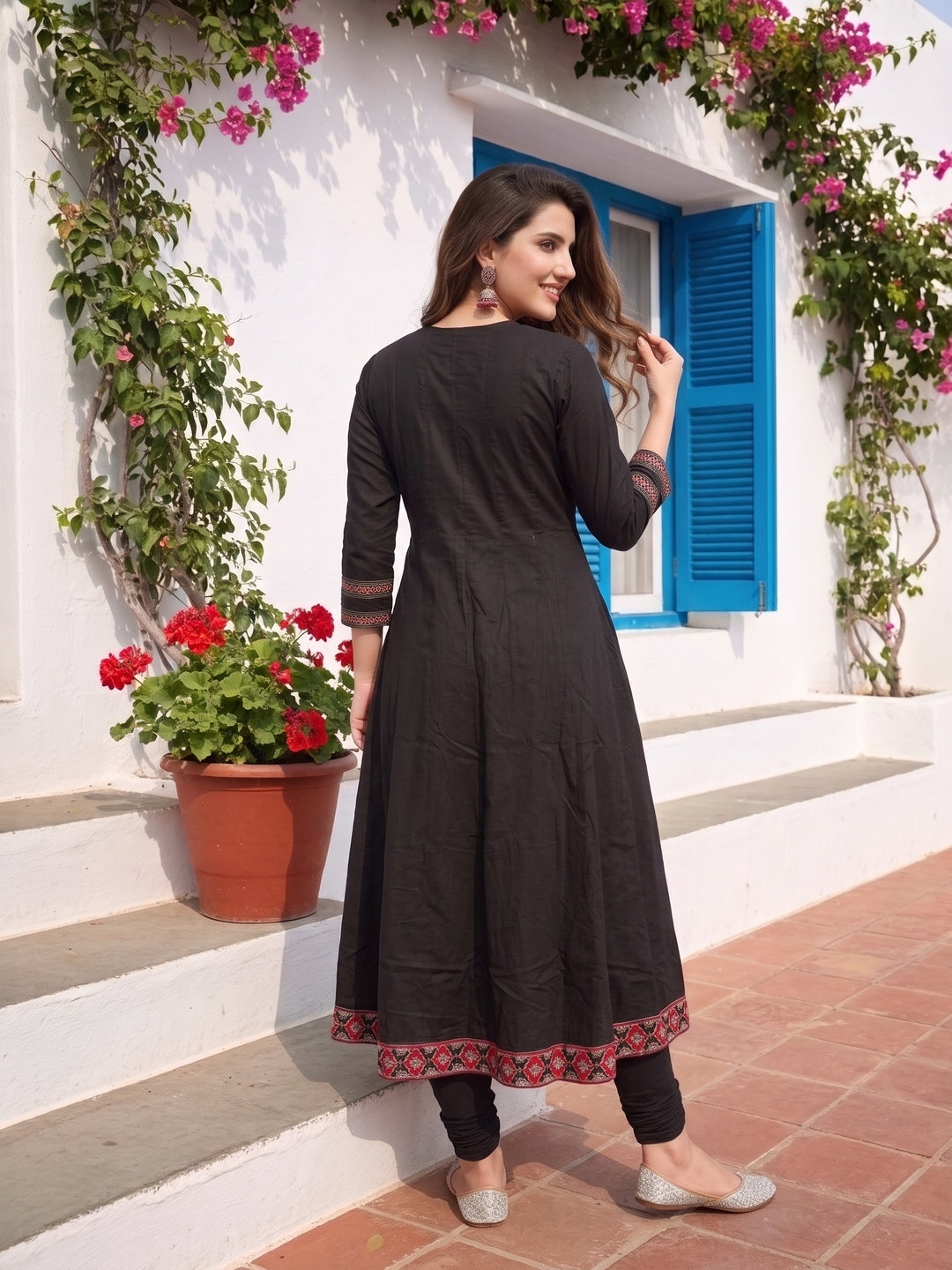 Ethnic Floral Embroidered Anarkali Kurta with Palazzo & Dupatta - Black