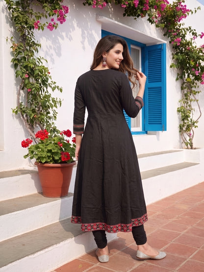 Ethnic Floral Embroidered Anarkali Kurta with Palazzo & Dupatta - Black