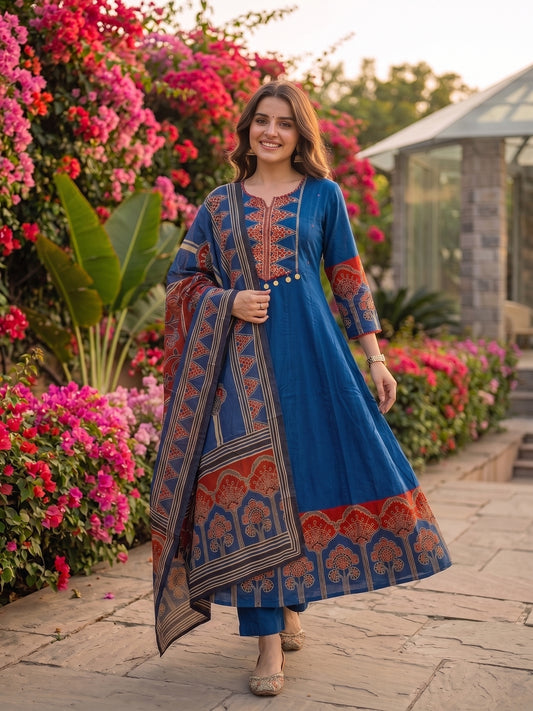 Ethnic Embroidered Anarkali Kurta with Palazzo and Dupatta - Blue