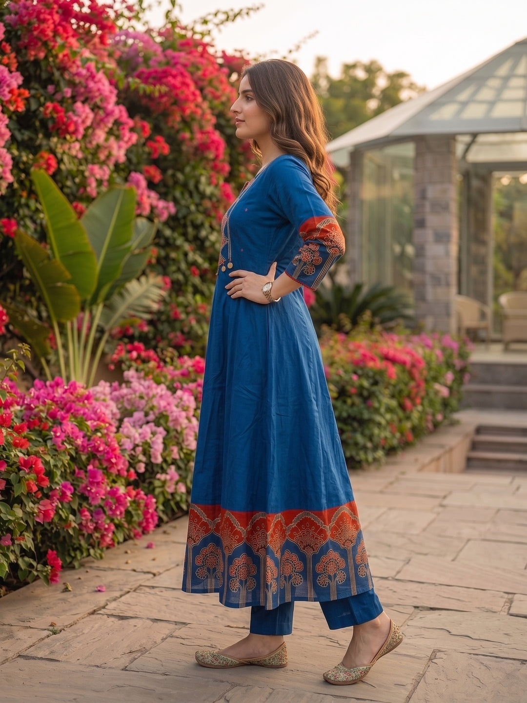 Ethnic Embroidered Anarkali Kurta with Palazzo and Dupatta - Blue