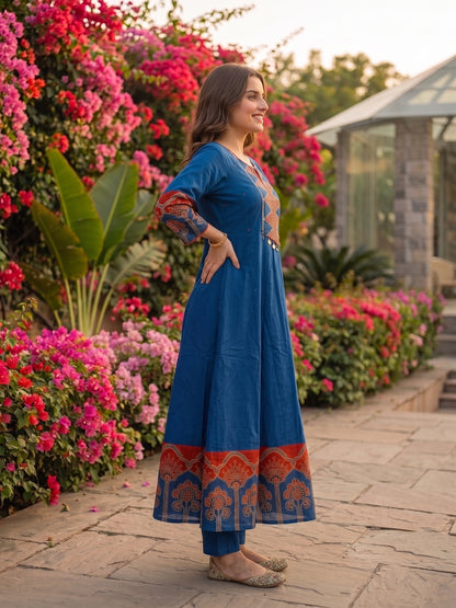 Ethnic Embroidered Anarkali Kurta with Palazzo and Dupatta - Blue