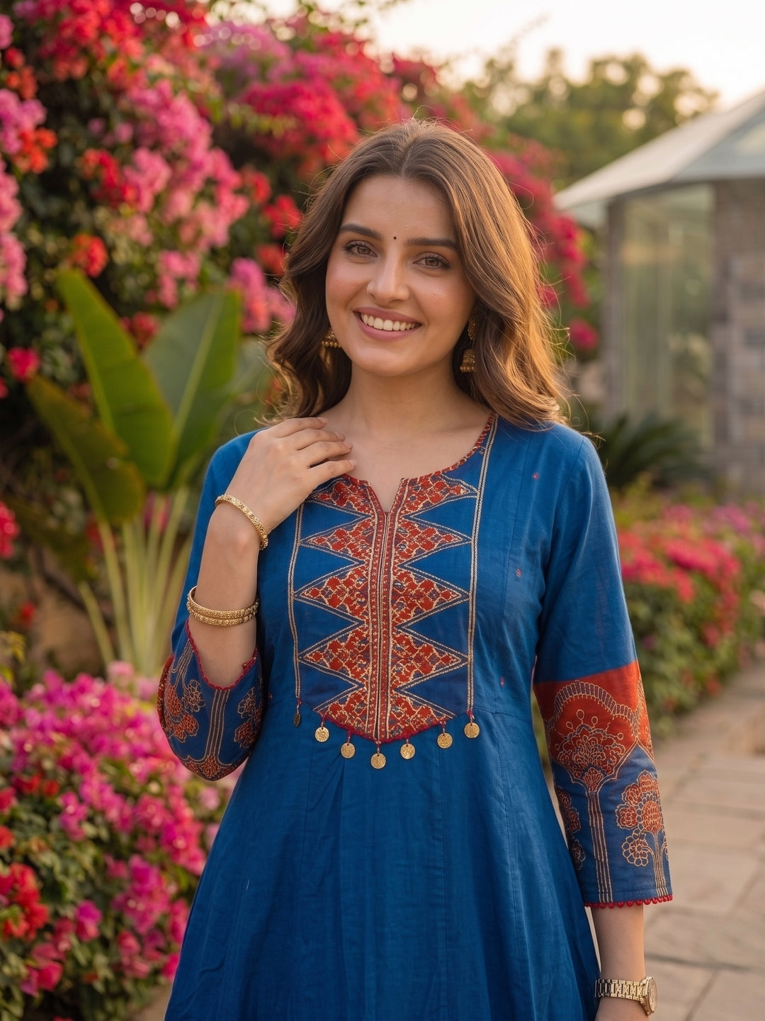 Ethnic Embroidered Anarkali Kurta with Palazzo and Dupatta - Blue