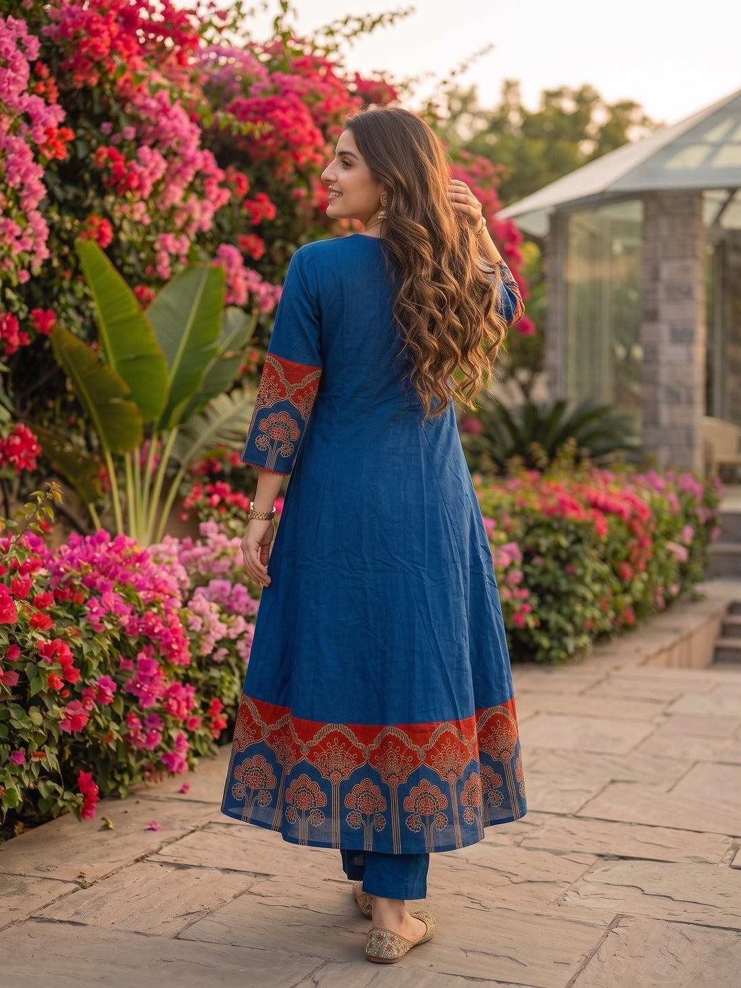 Ethnic Embroidered Anarkali Kurta with Palazzo and Dupatta - Blue