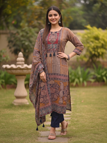 Ethnic Stripes Embroidered Straight Kurta with Pant & Dupatta - Multi