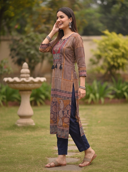 Ethnic Stripes Embroidered Straight Kurta with Pant & Dupatta - Multi