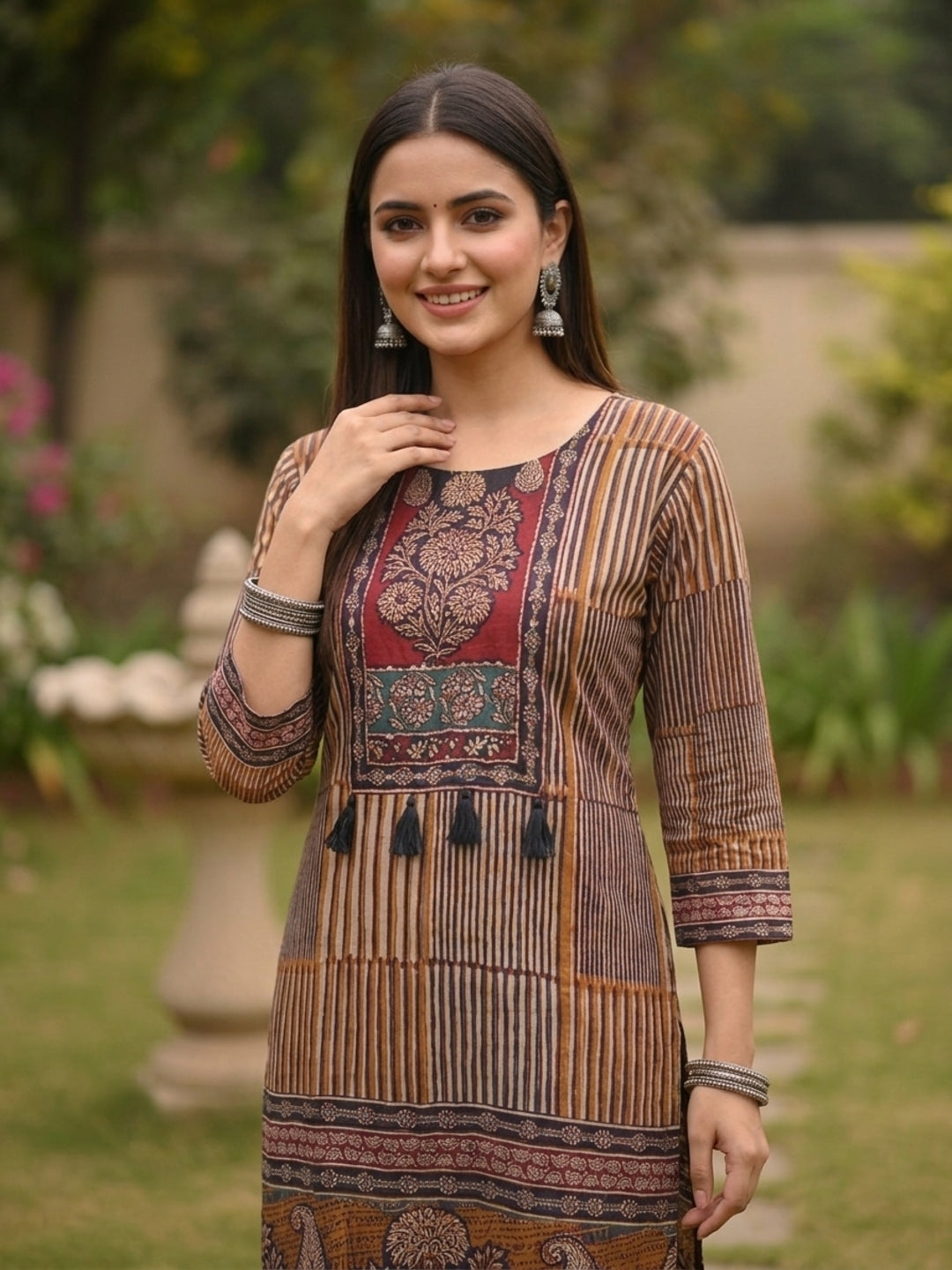 Ethnic Stripes Embroidered Straight Kurta with Pant & Dupatta - Multi