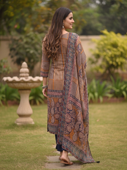 Ethnic Stripes Embroidered Straight Kurta with Pant & Dupatta - Multi