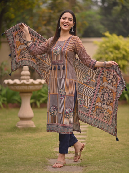 Ethnic Stripes Embroidered Straight Kurta with Pant & Dupatta - Multi