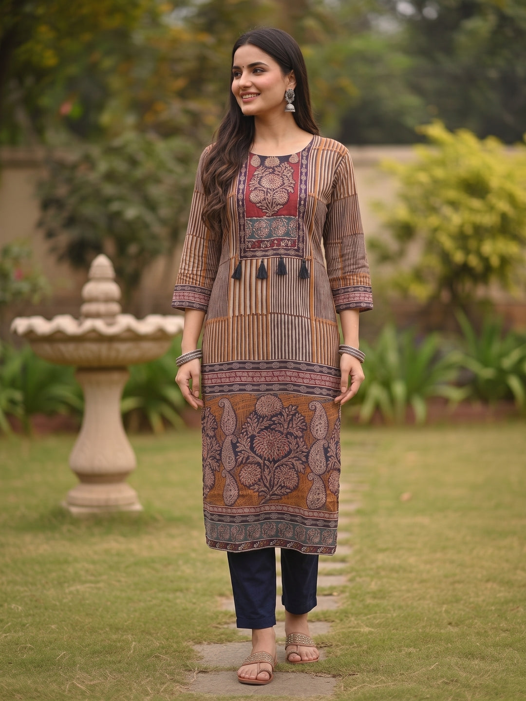 Ethnic Stripes Embroidered Straight Kurta with Pant & Dupatta - Multi