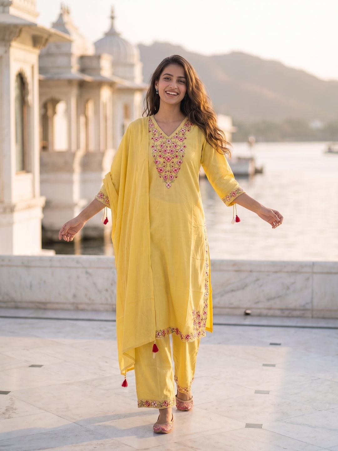 Solid Floral Embroidered Straight Kurta with Palazzo & Dupatta - Yellow