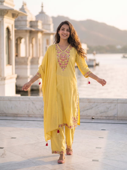 Solid Floral Embroidered Straight Kurta with Palazzo & Dupatta - Yellow