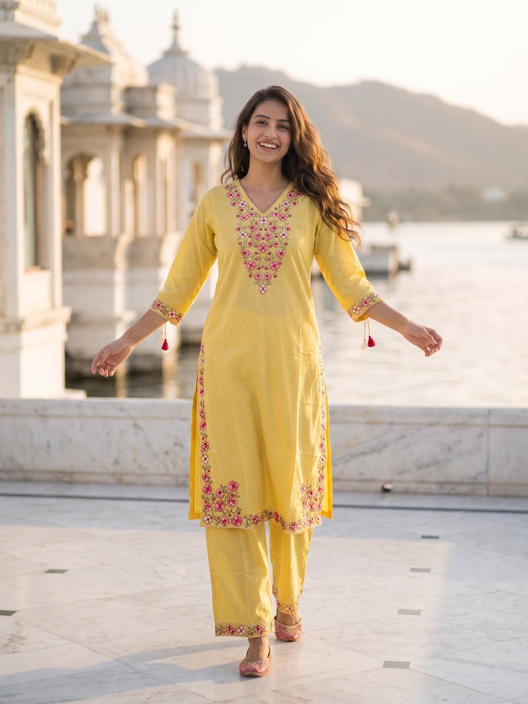 Solid Floral Embroidered Straight Kurta with Palazzo & Dupatta - Yellow