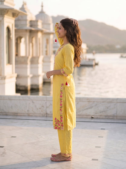 Solid Floral Embroidered Straight Kurta with Palazzo & Dupatta - Yellow